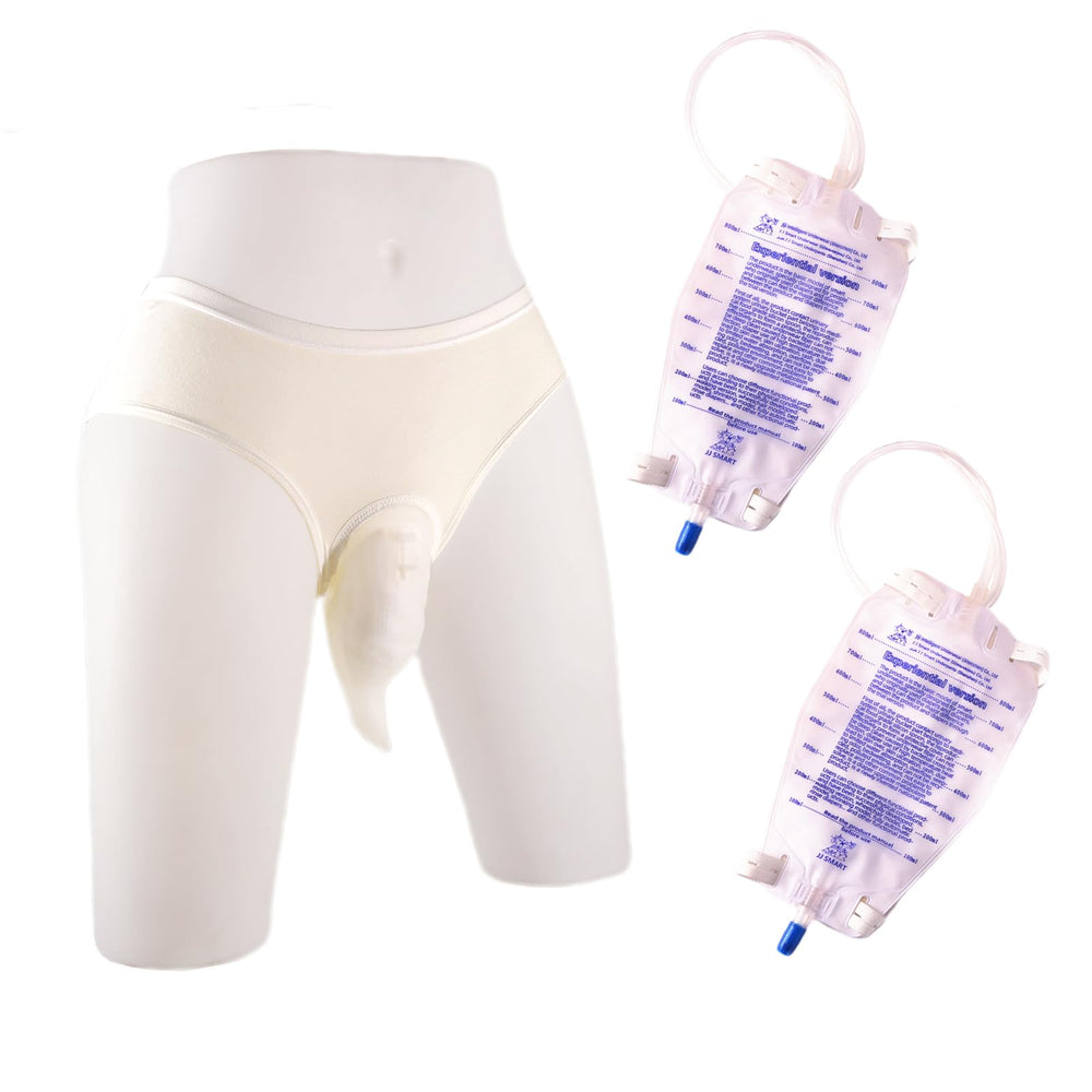 UrinEbhq portable urine collector worn for comfortable daily use and discreet protection.