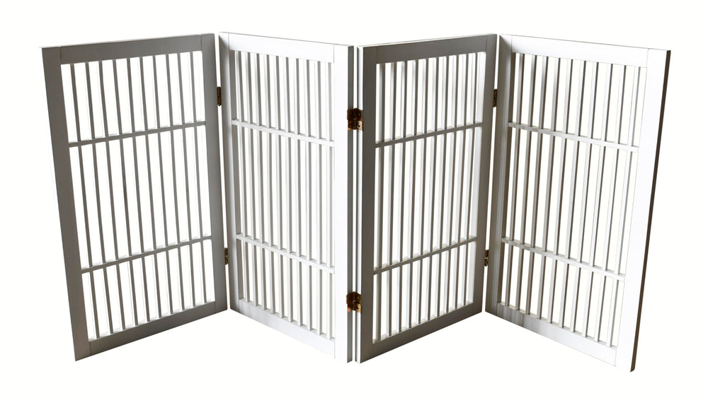 Urnporium folding acacia pet gate demonstrates versatile indoor-outdoor containment.