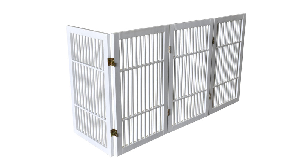 Urnporium white 30-inch gate secures larger pets in hallways.
