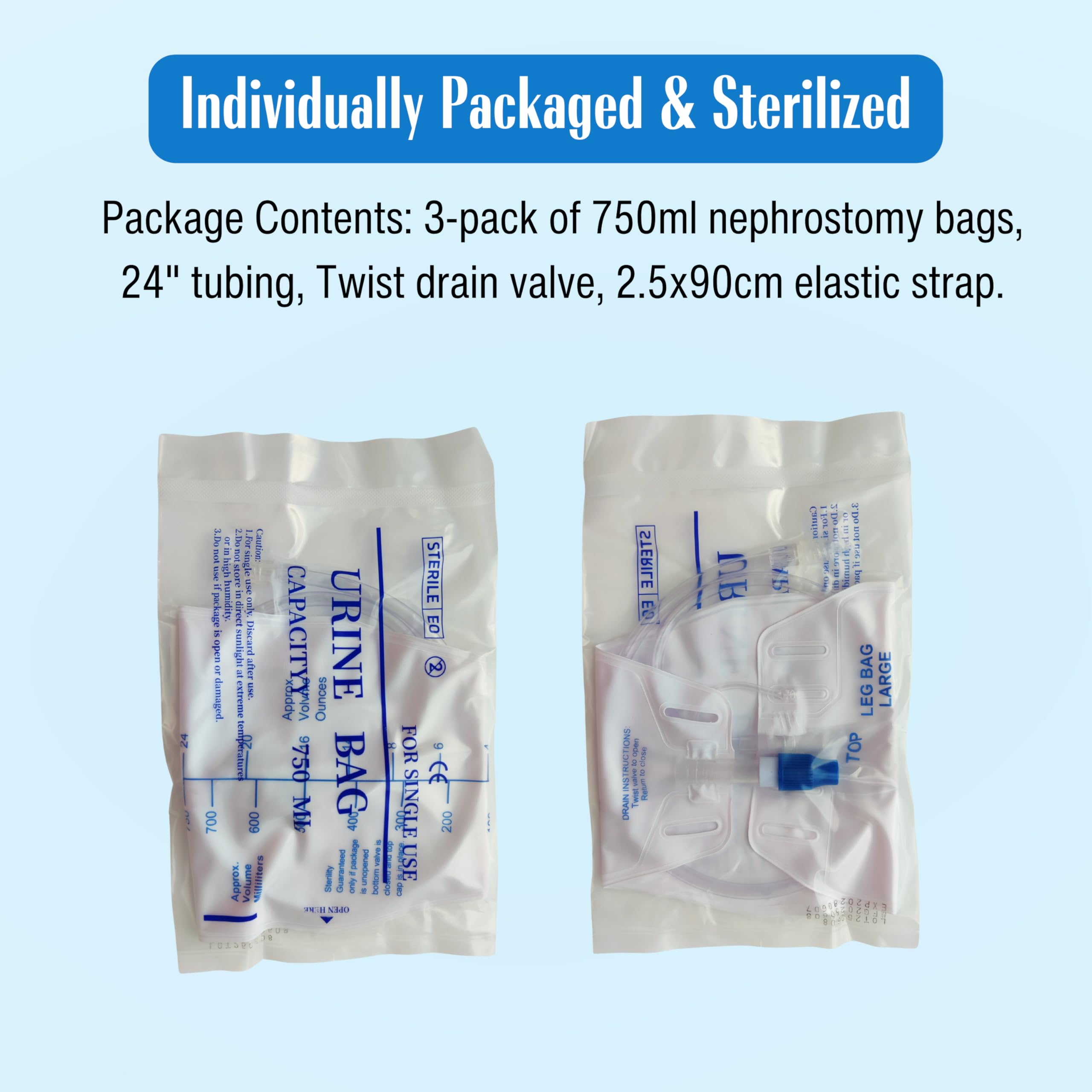 Urosagan 750ml capacity bag highlighted for extended wear usage.