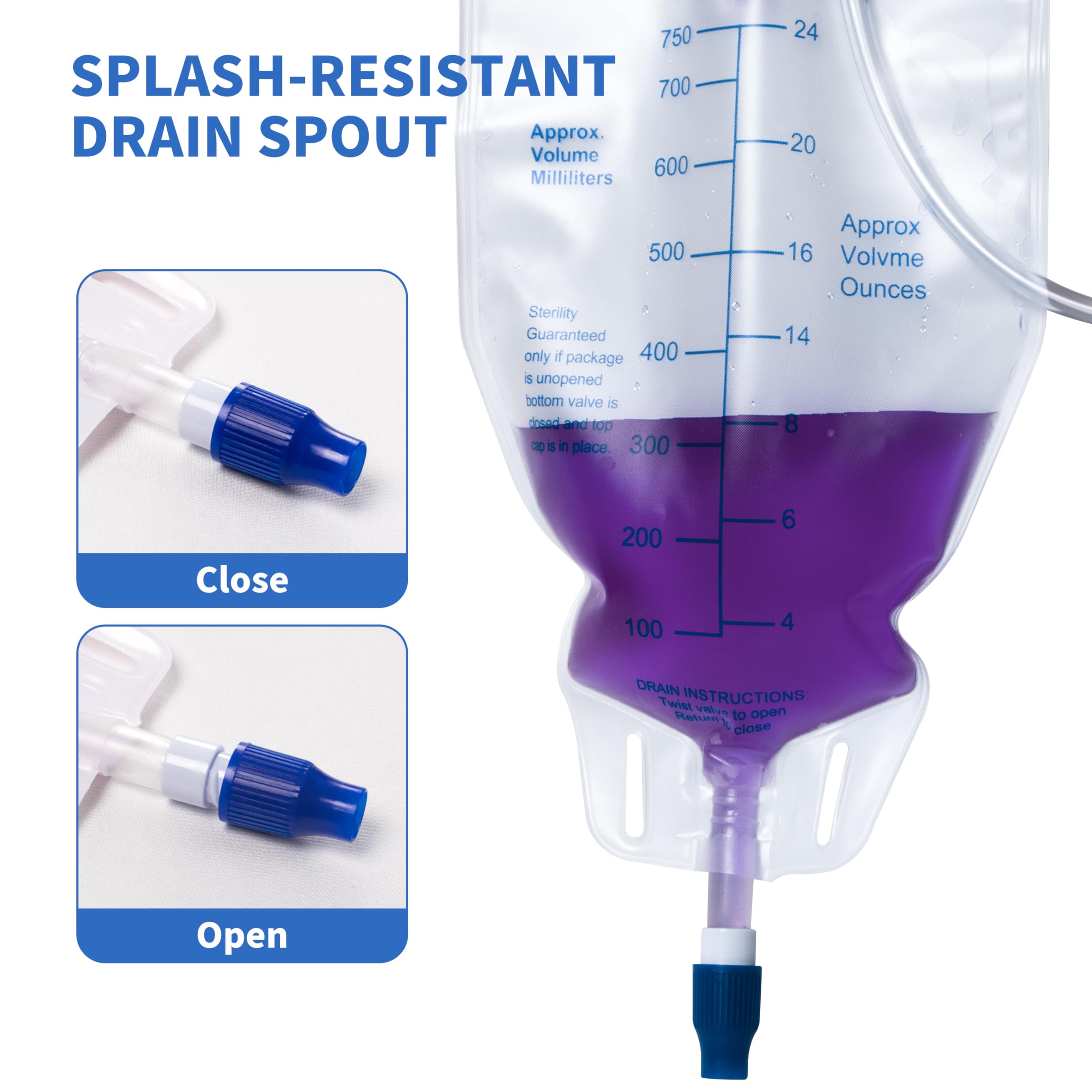 Urosagan nephrostomy bag in clear material for quick fluid-level visibility.