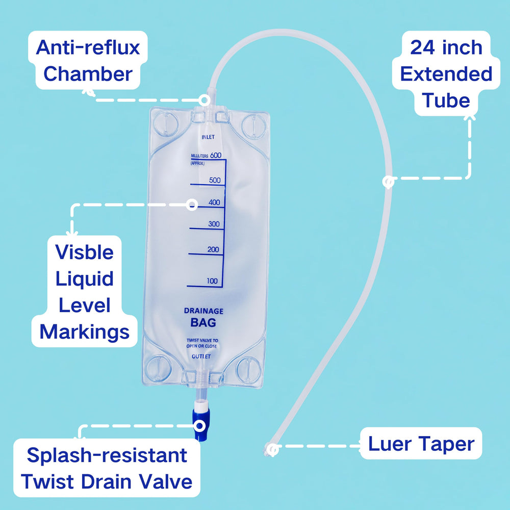 Urosagan nephrostomy bag with twist drain valve for controlled emptying.