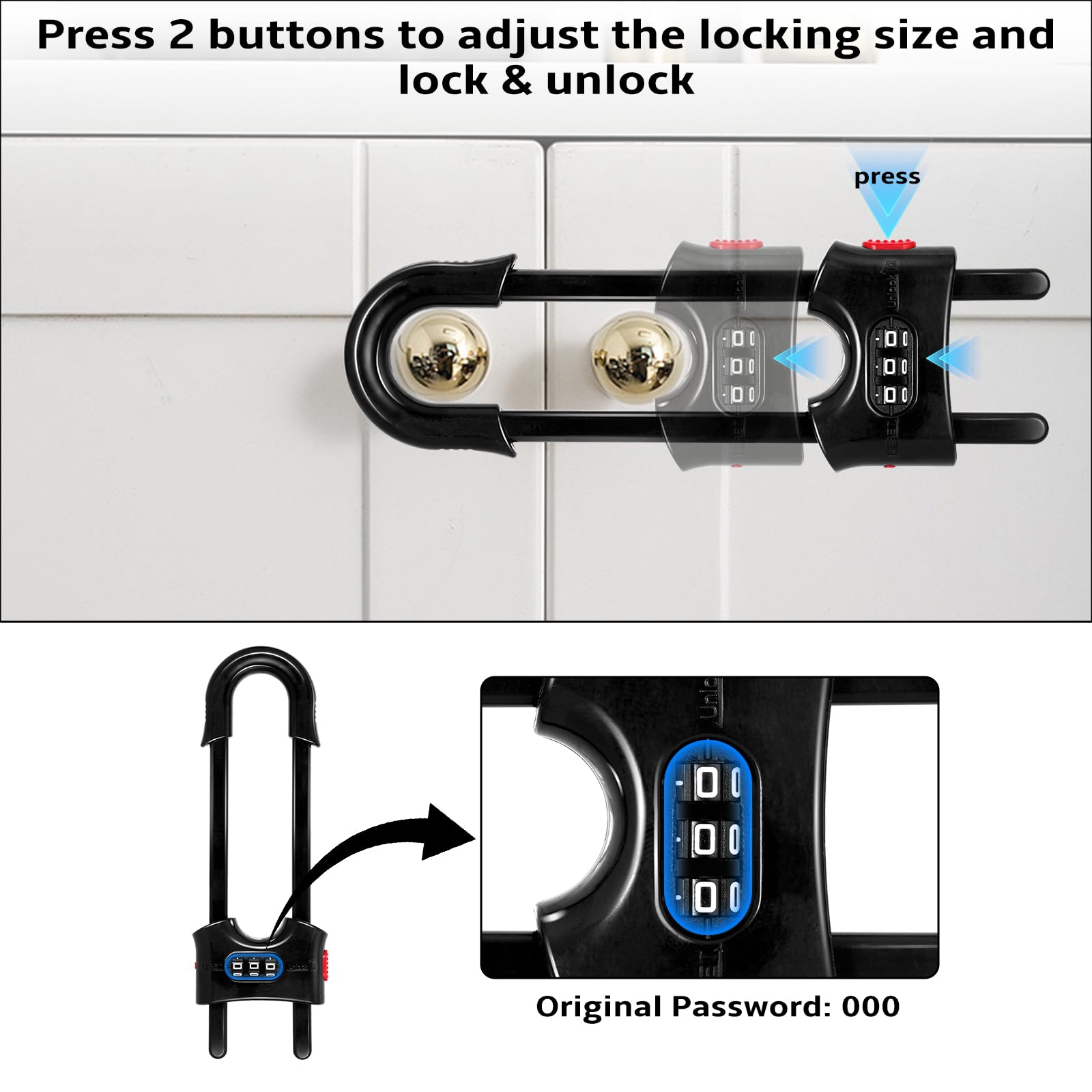 URYAZO dual-button lock closeup highlighting coded safety mechanism.