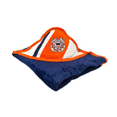 US Coast Guard racing stripe blanket wrapped around a baby for soothing nap time.