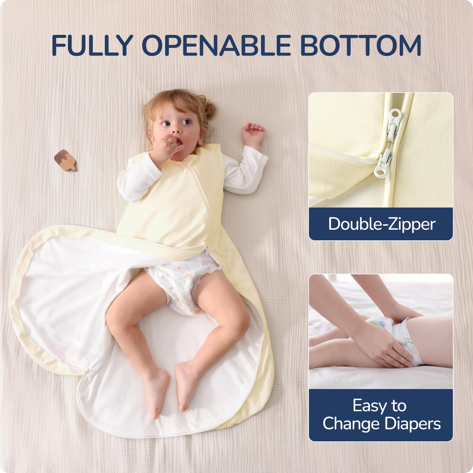 usbettas sleep sack shows a 2-way zipper for easy diaper changes