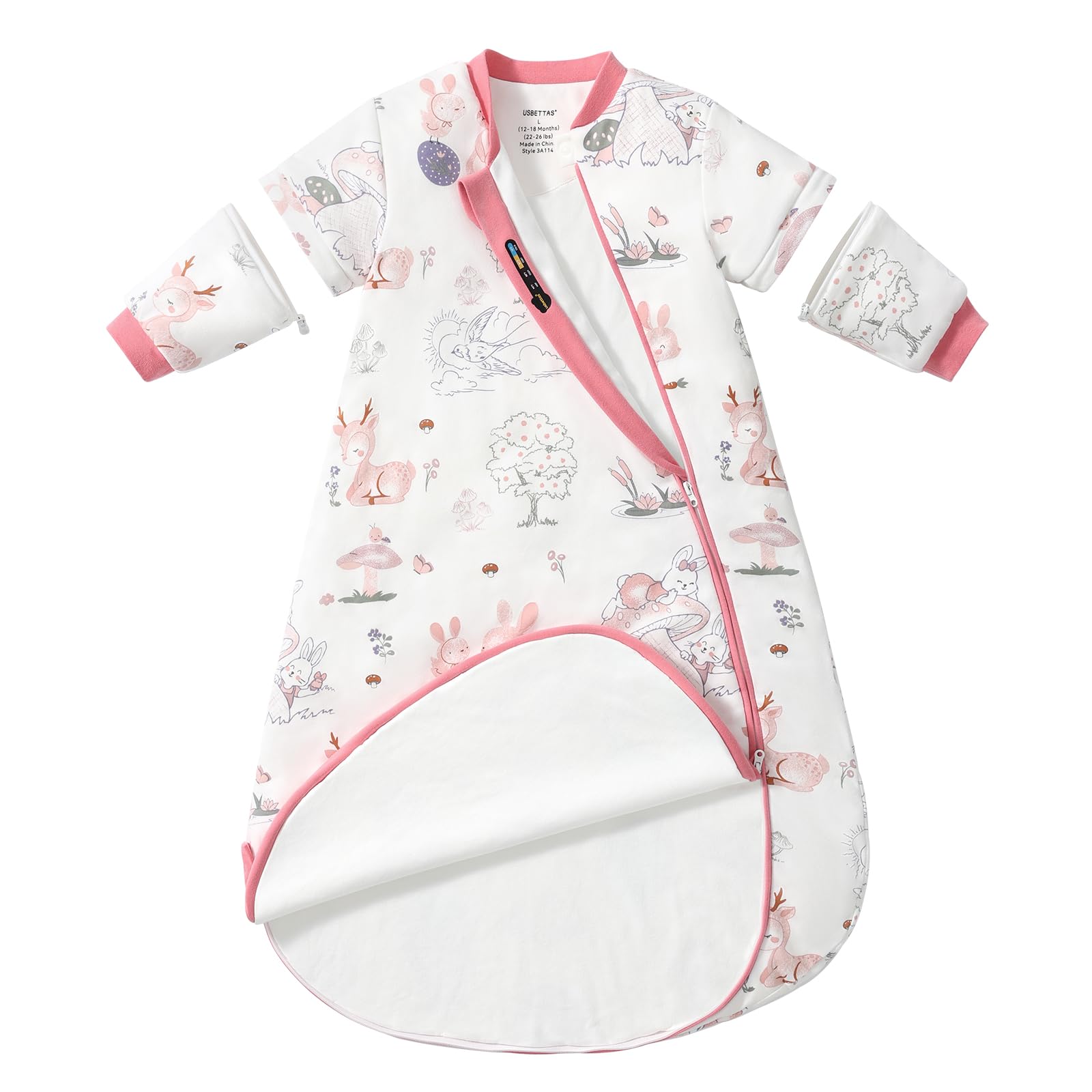 USBettas baby sleep sack 3-6 months fabric close-up shows soft breathable cotton.