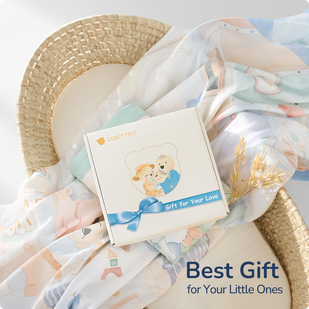 Usbettas bear muslin blanket gift-ready packaging makes a thoughtful new-baby present.