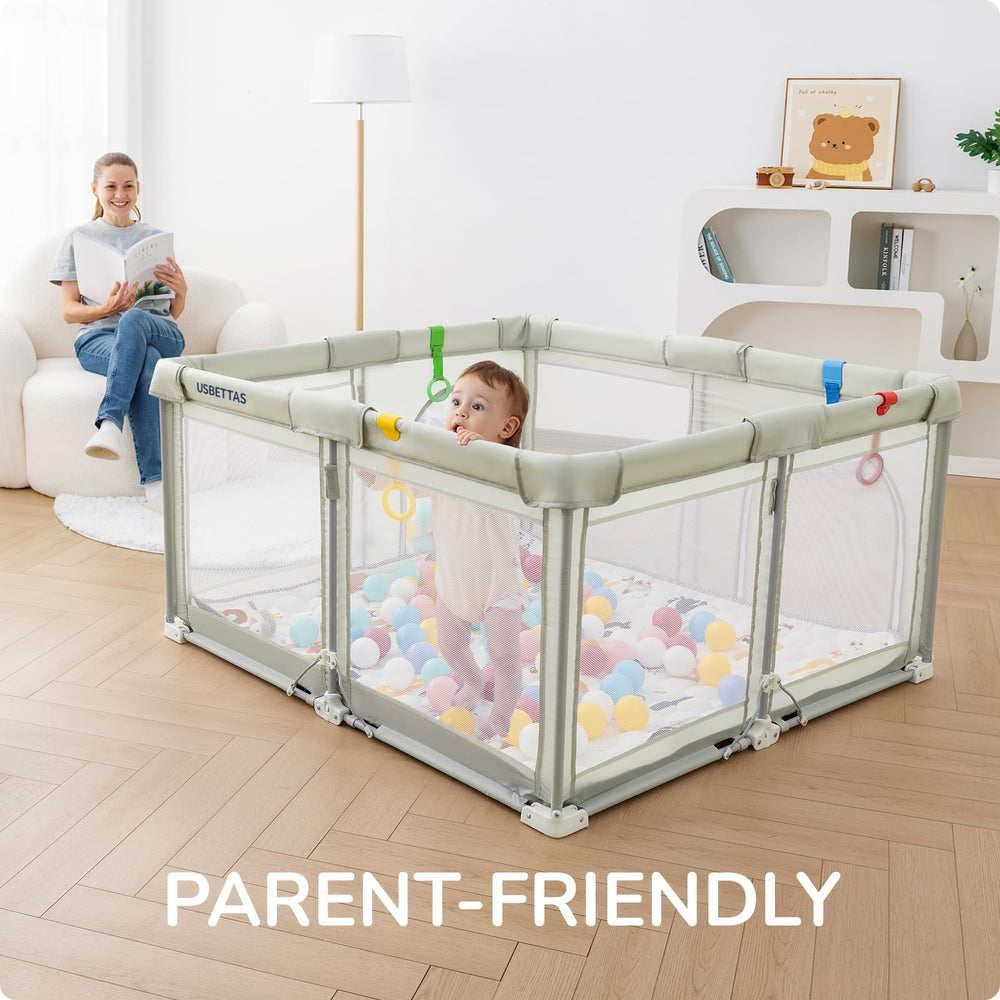 usbettas beige playpen with carry bag for easy travel.