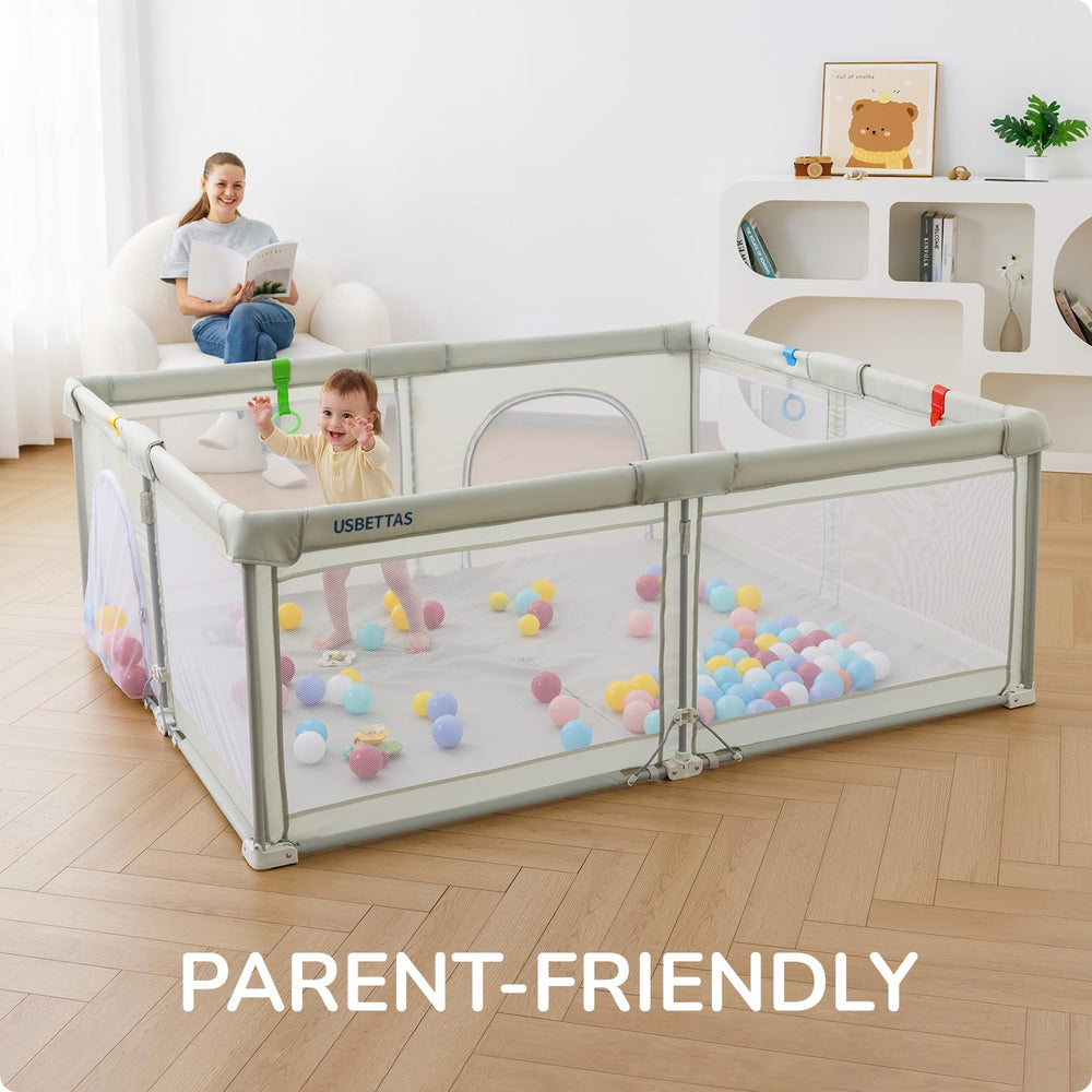 Usbettas foldable playpen height options illustrate kid-friendly enclosure.