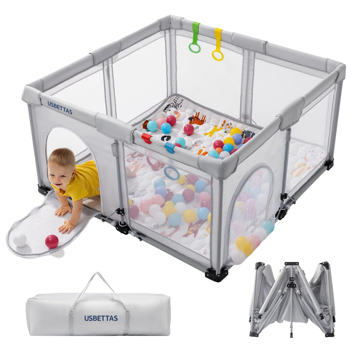 Usbettas foldable playpen setup view, quick assembly for busy parents.