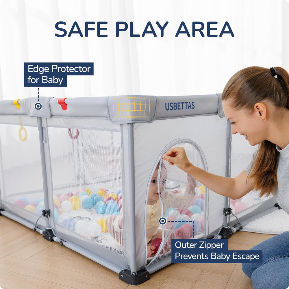 Usbettas foldable playpen two zipper doors improve access control.