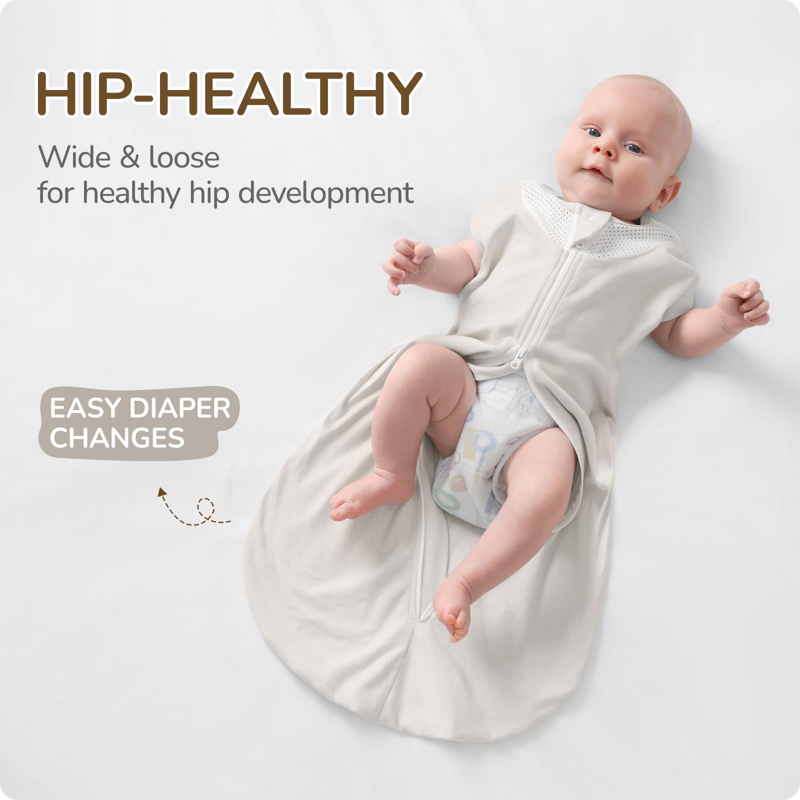 usbettas swaddle-hip-healthy-widened-hem supports leg movement and comfortable diapering.