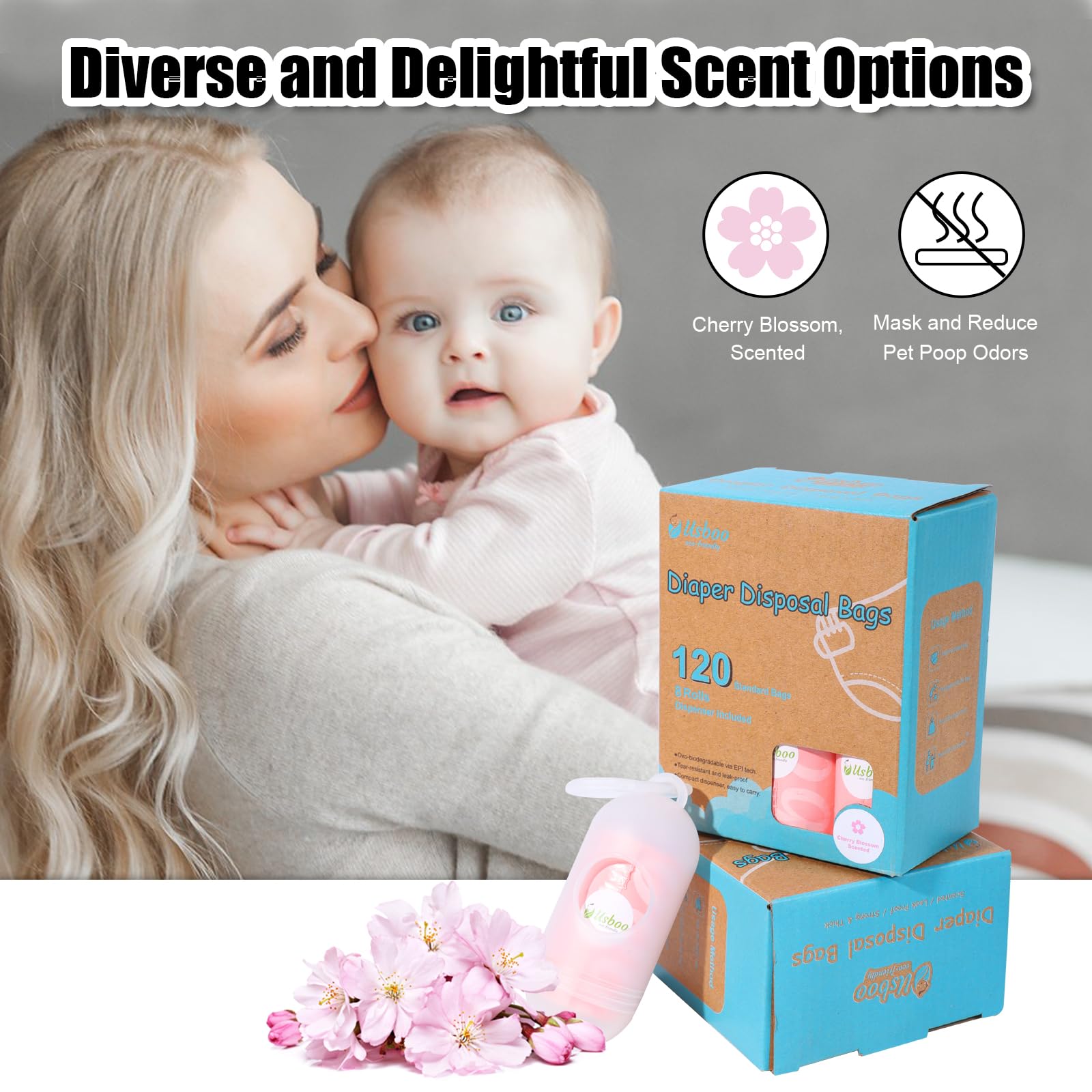 Cherry blossom scented USBOO bags add a fresh note to diaper routines