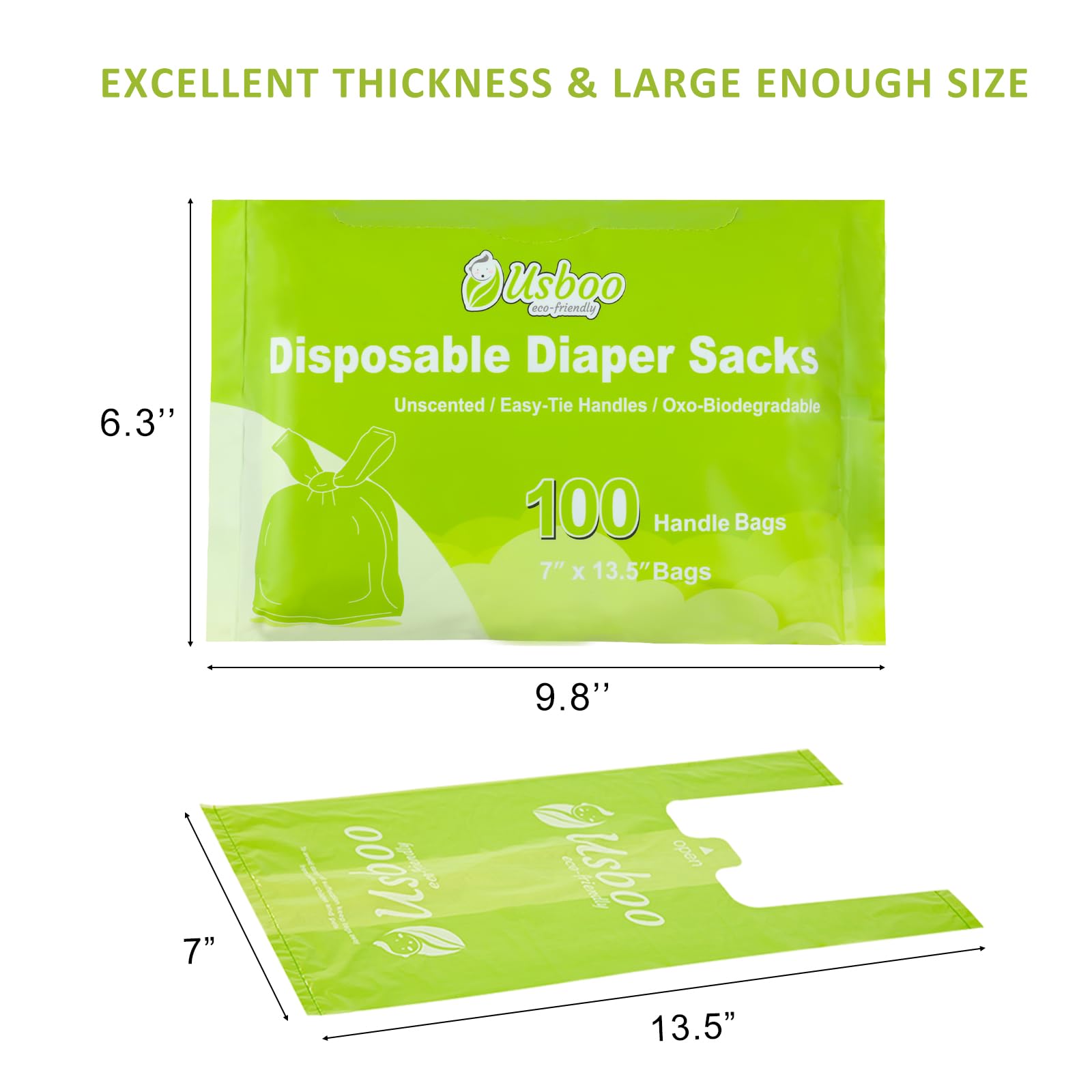 USBOO diaper bags with easy-tie handles for quick sealing.