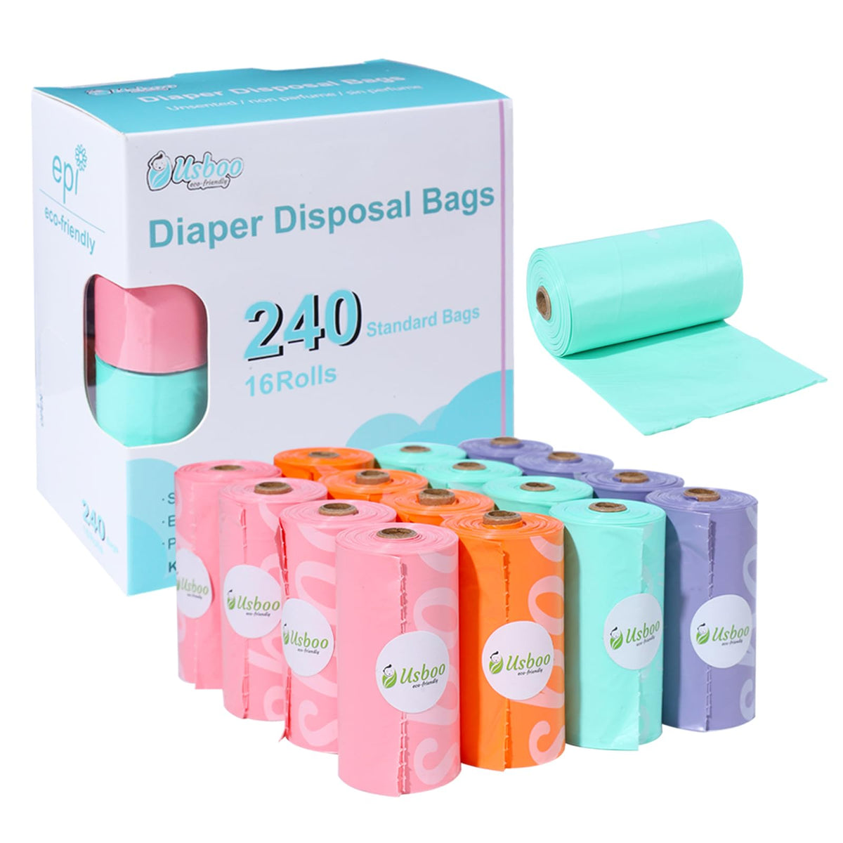 USBOO rainbow diaper bags in a box for easy diaper disposal
