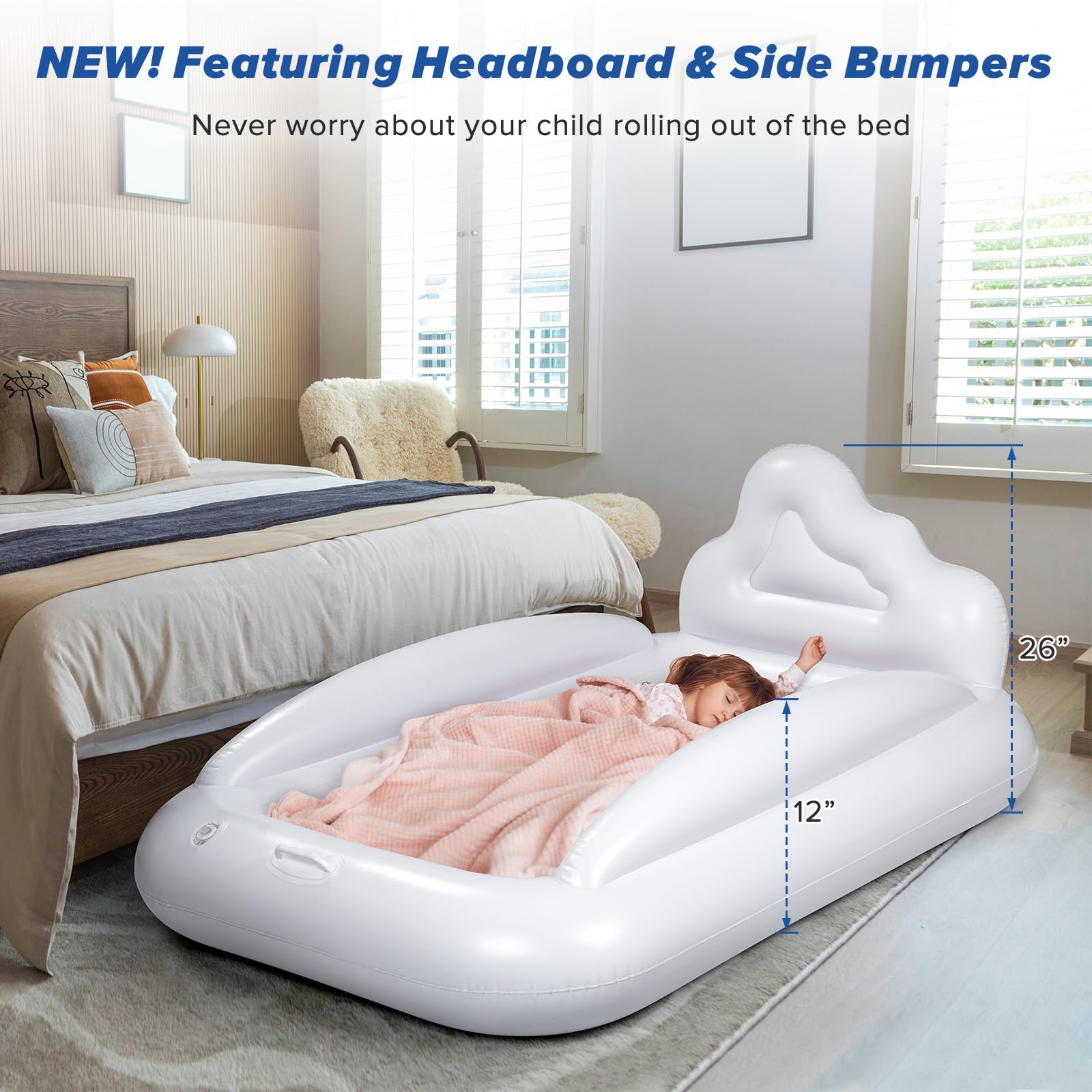 USHMA cloud-headboard design adds playful support and prevents rolling off