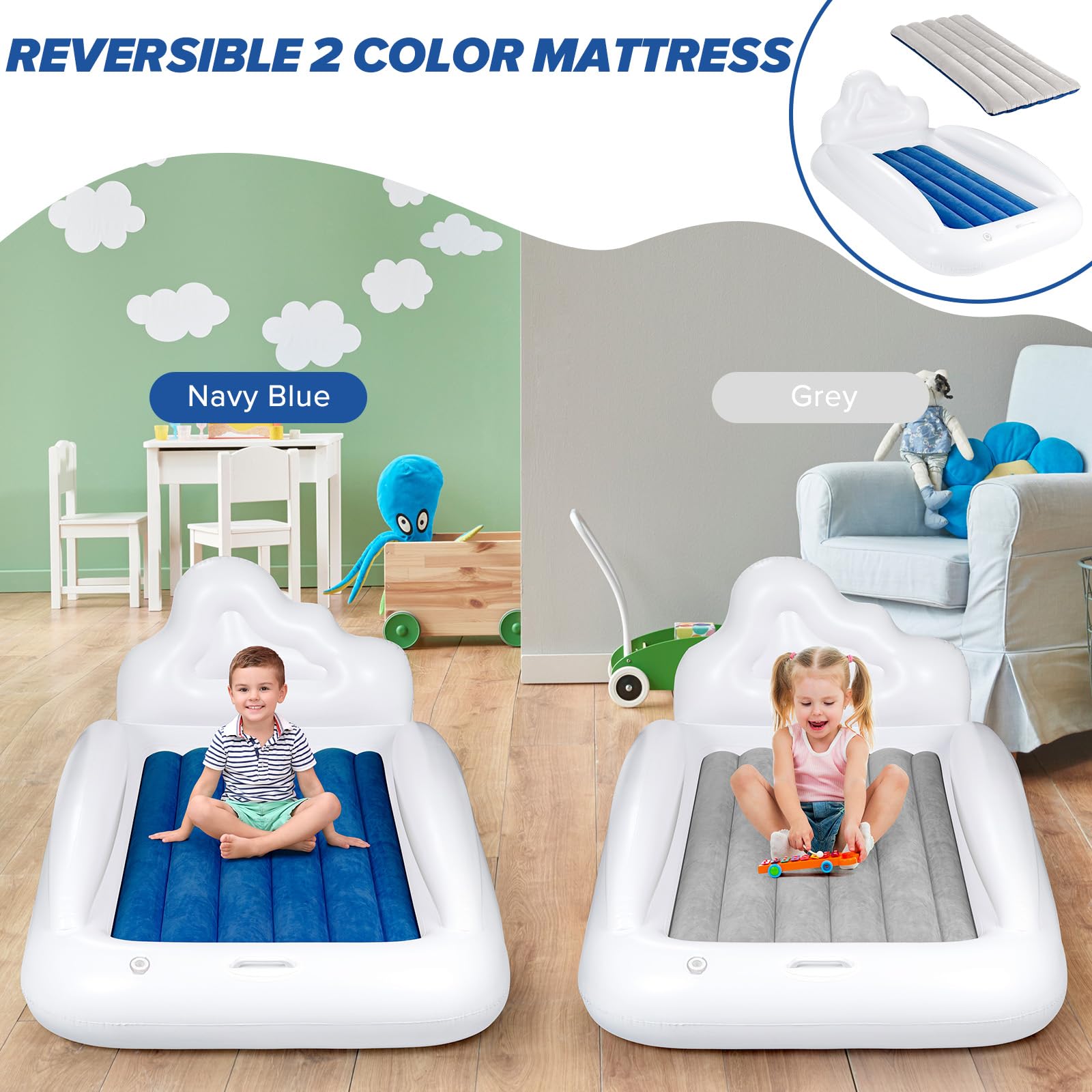 USHMA toddler air mattress with reversible colors for two mood options