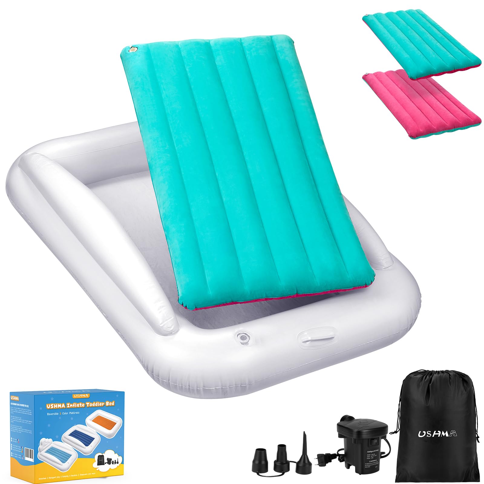 USHMA toddler travel bed with blue side provides safe, portable sleep option for trips.