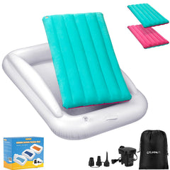 USHMA toddler travel bed with blue side provides safe, portable sleep option for trips.