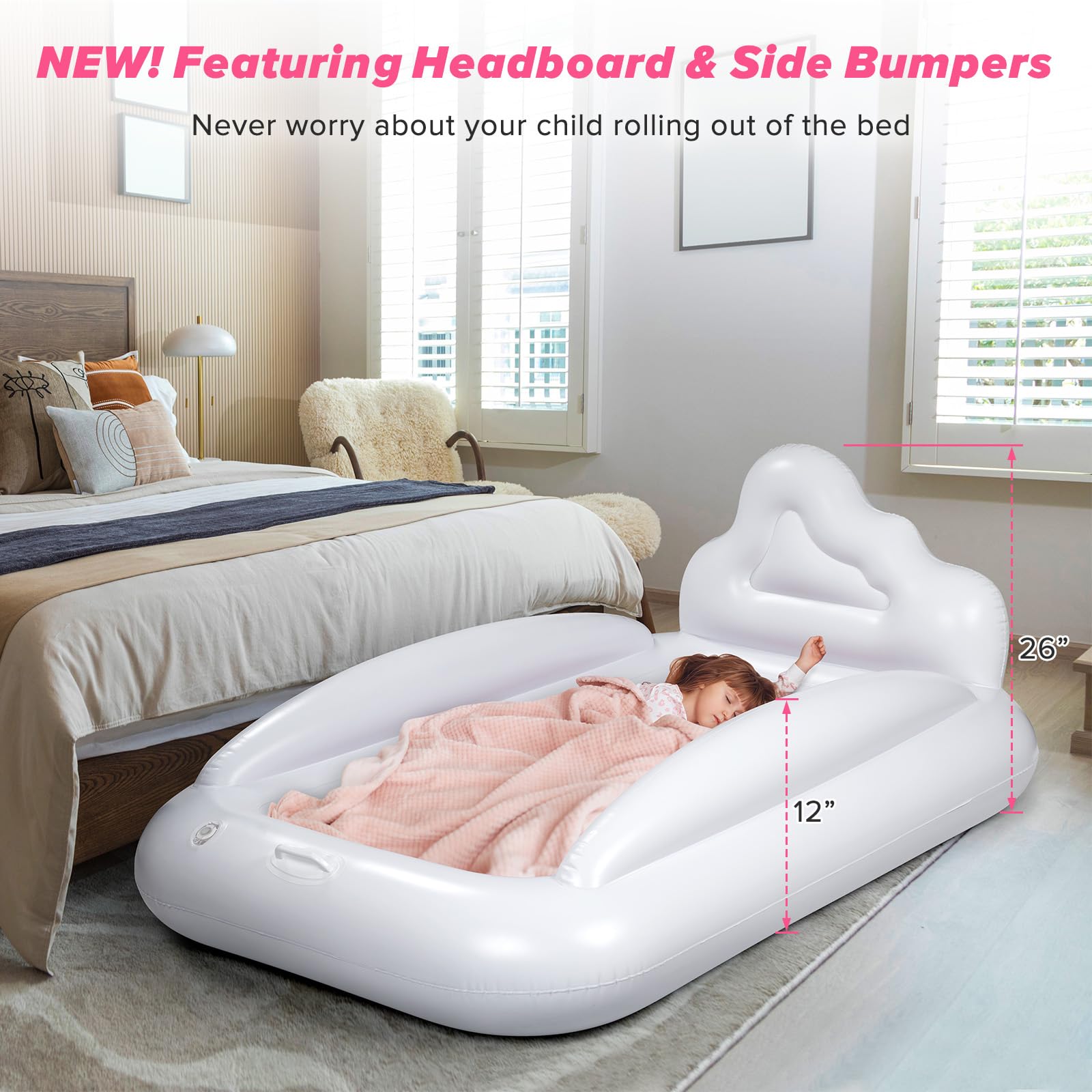 USHMA inflatable toddler bed with cloud headboard adds cute comfort during naps
