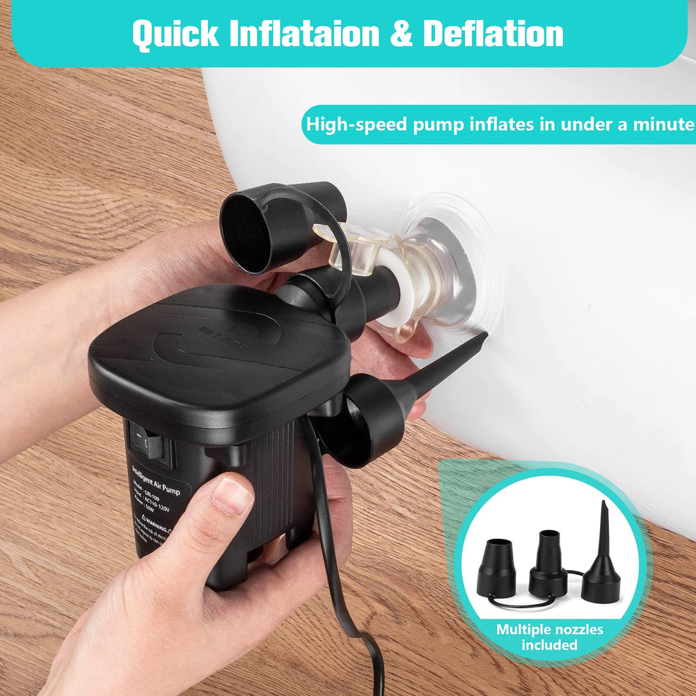 USHMA inflatable travel bed includes an electric pump for quick setup.