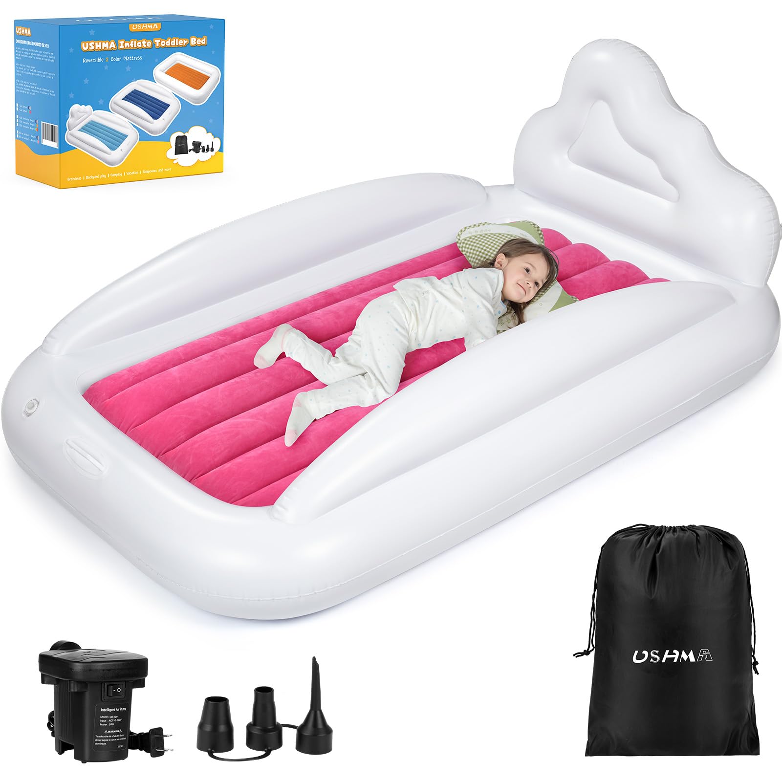 USHMA inflatable toddler travel bed pink-aquamarine guard rails for safe sleep on trips