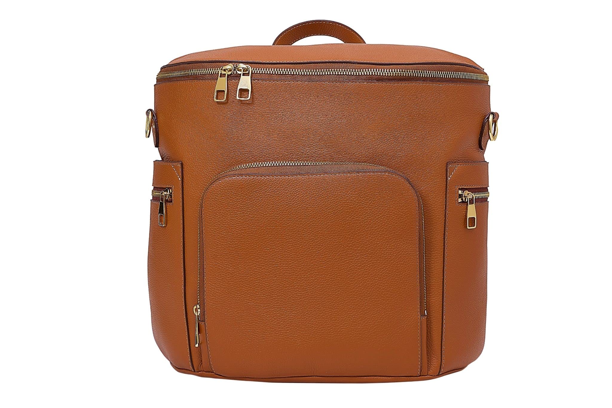 USRA genuine leather diaper bag front view with durable brown finish for daily use.