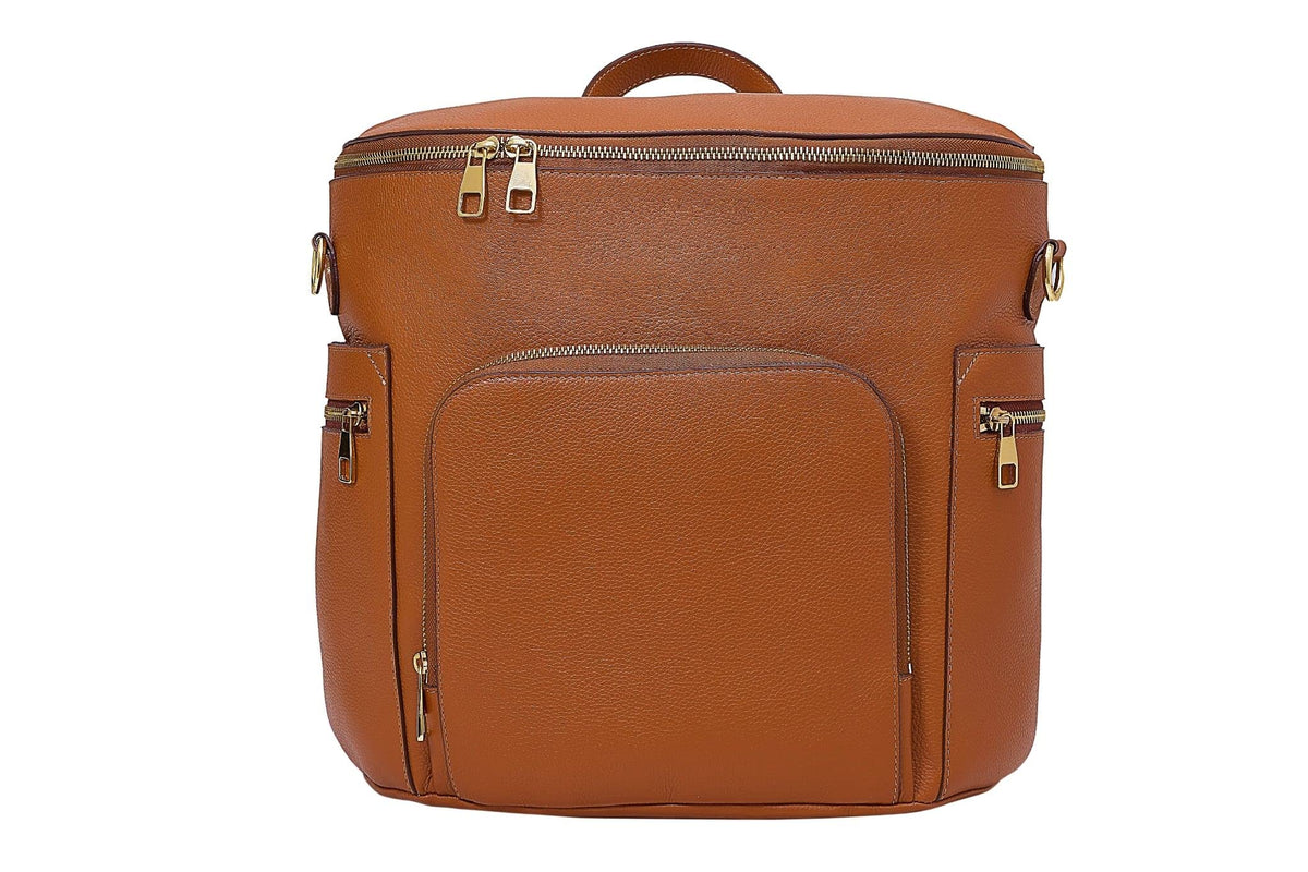USRA genuine leather diaper bag front view with durable brown finish for daily use.