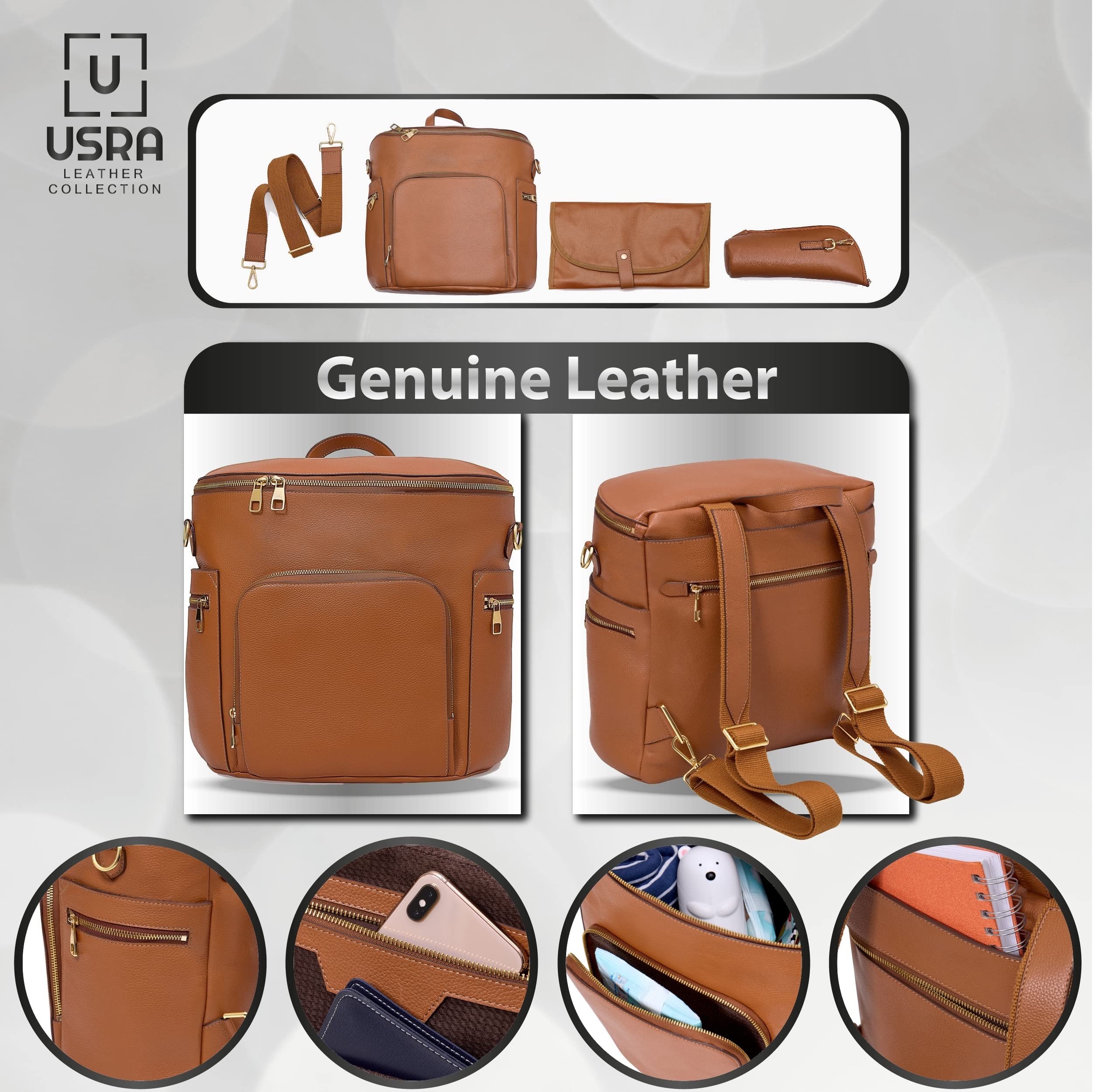 USRA leather diaper bag side pocket view highlighting convenient storage.