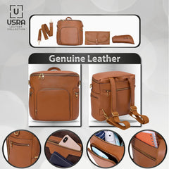 USRA leather diaper bag side pocket view highlighting convenient storage.