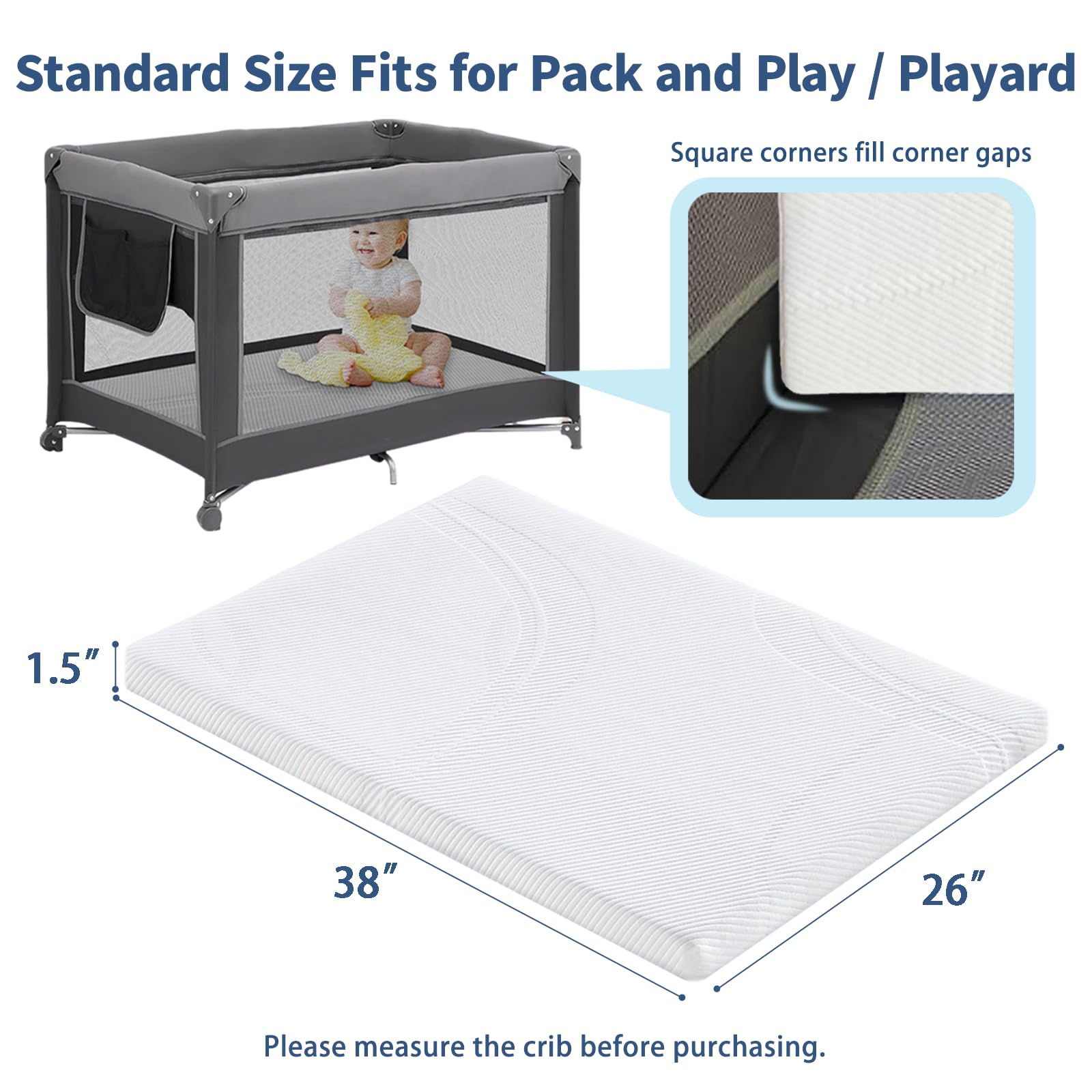 Ustenroya pack-n-play mattress fits snugly in playards for naps.