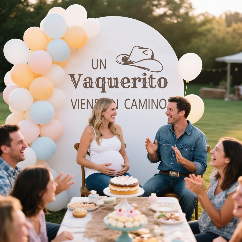 Usumz Cowboy Baby on the Way Backdrop Decal creates warm pregnancy announcement photos.