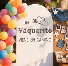 Usumz Cowboy Baby on the Way Wall Decal enhances gender reveal party décor.