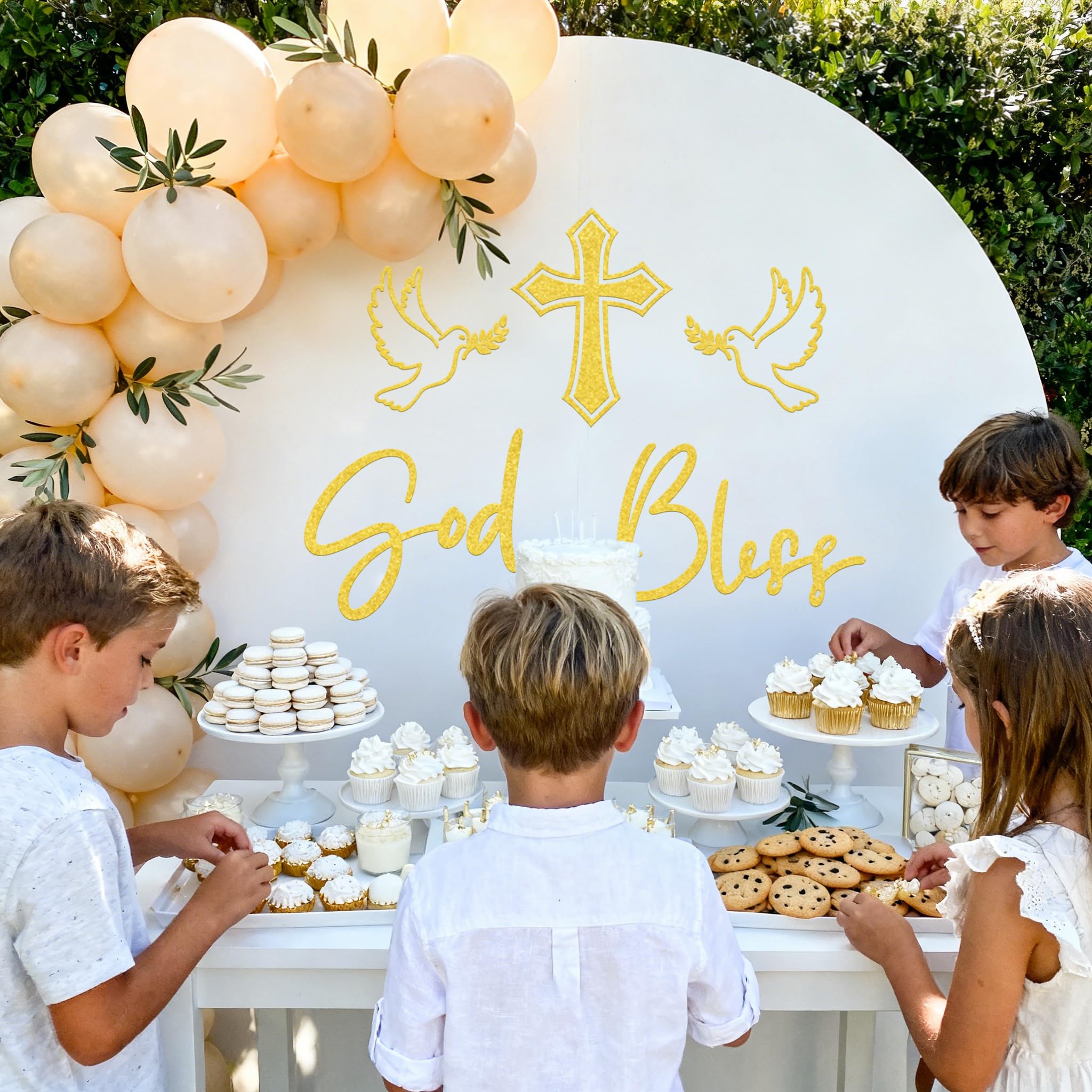 Usumz God Bless baptism arch decor serves as a photo backdrop