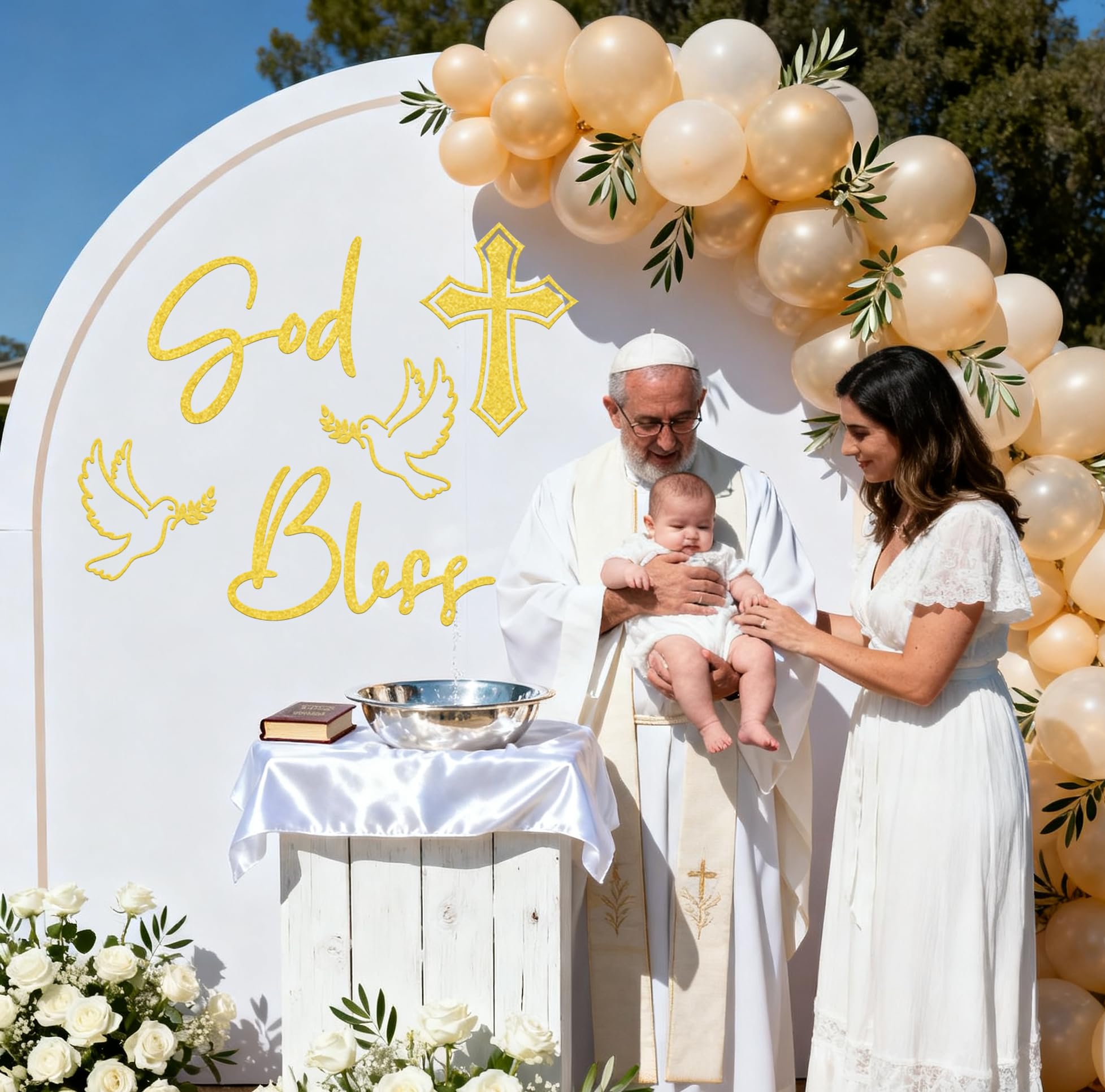 Usumz God Bless christening decor adds a festive wall accent