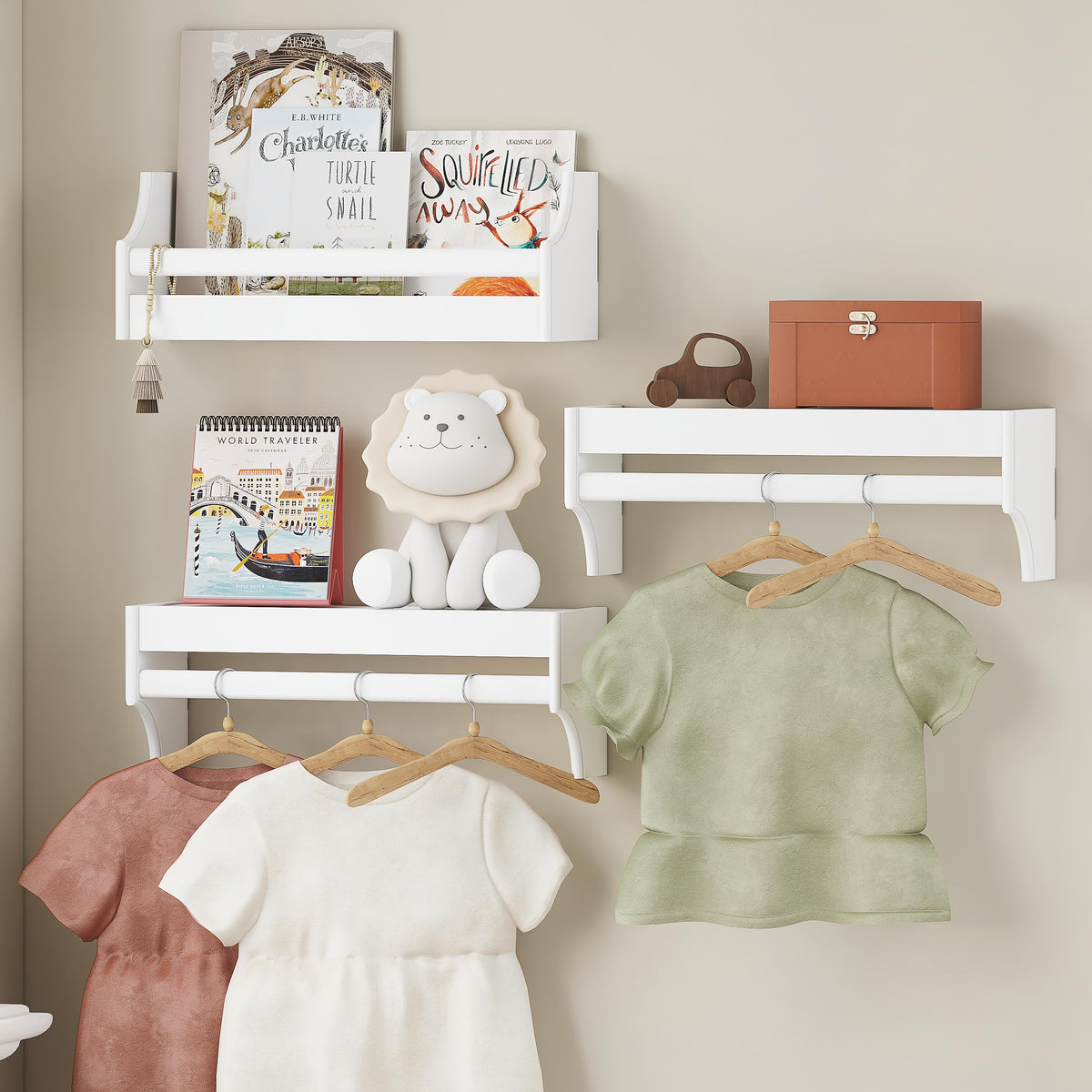 UTEX floating nursery book shelves set 3 wall-mounted side view in white for neat storage
