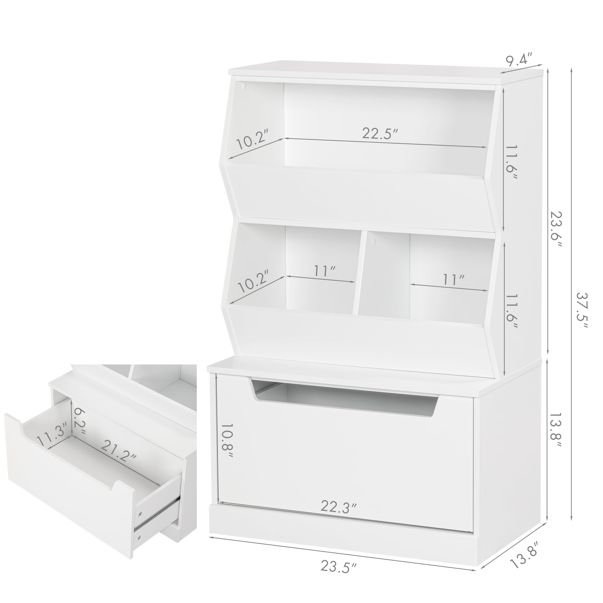 UTEX Toddler-accessible bookcase in white encourages independent toy and book retrieval.