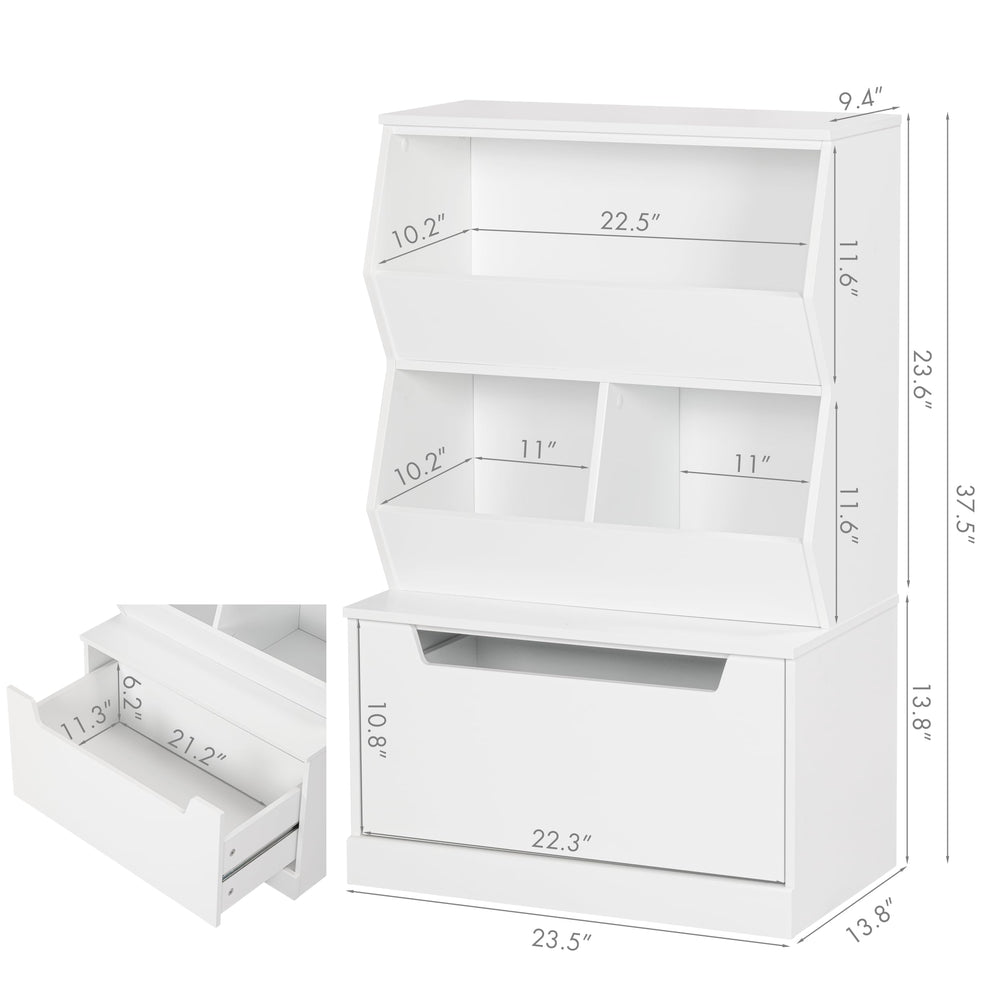 UTEX Toddler-accessible bookcase in white encourages independent toy and book retrieval.