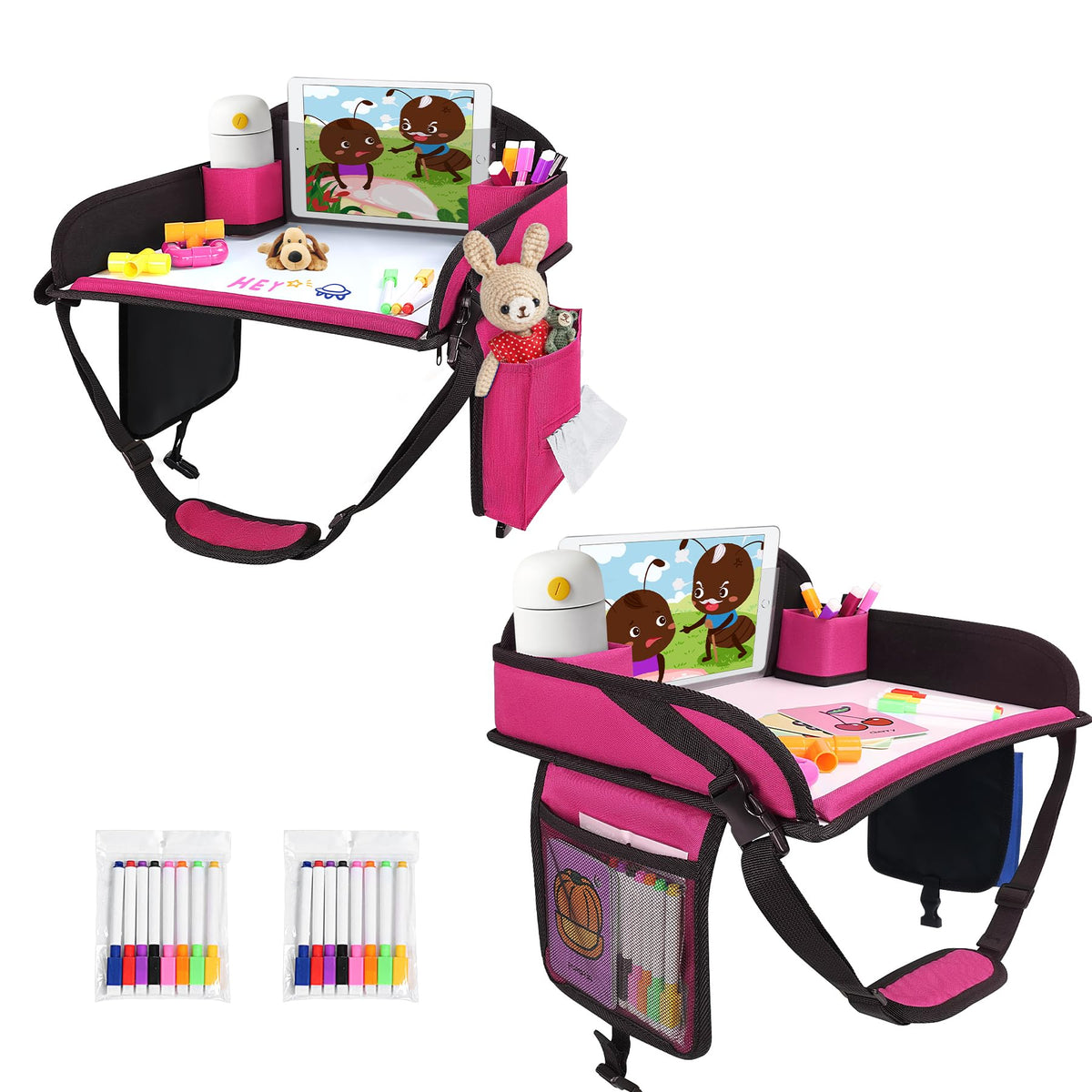 UTOLOVE kids travel tray pink attached to car seat for mess-free trips