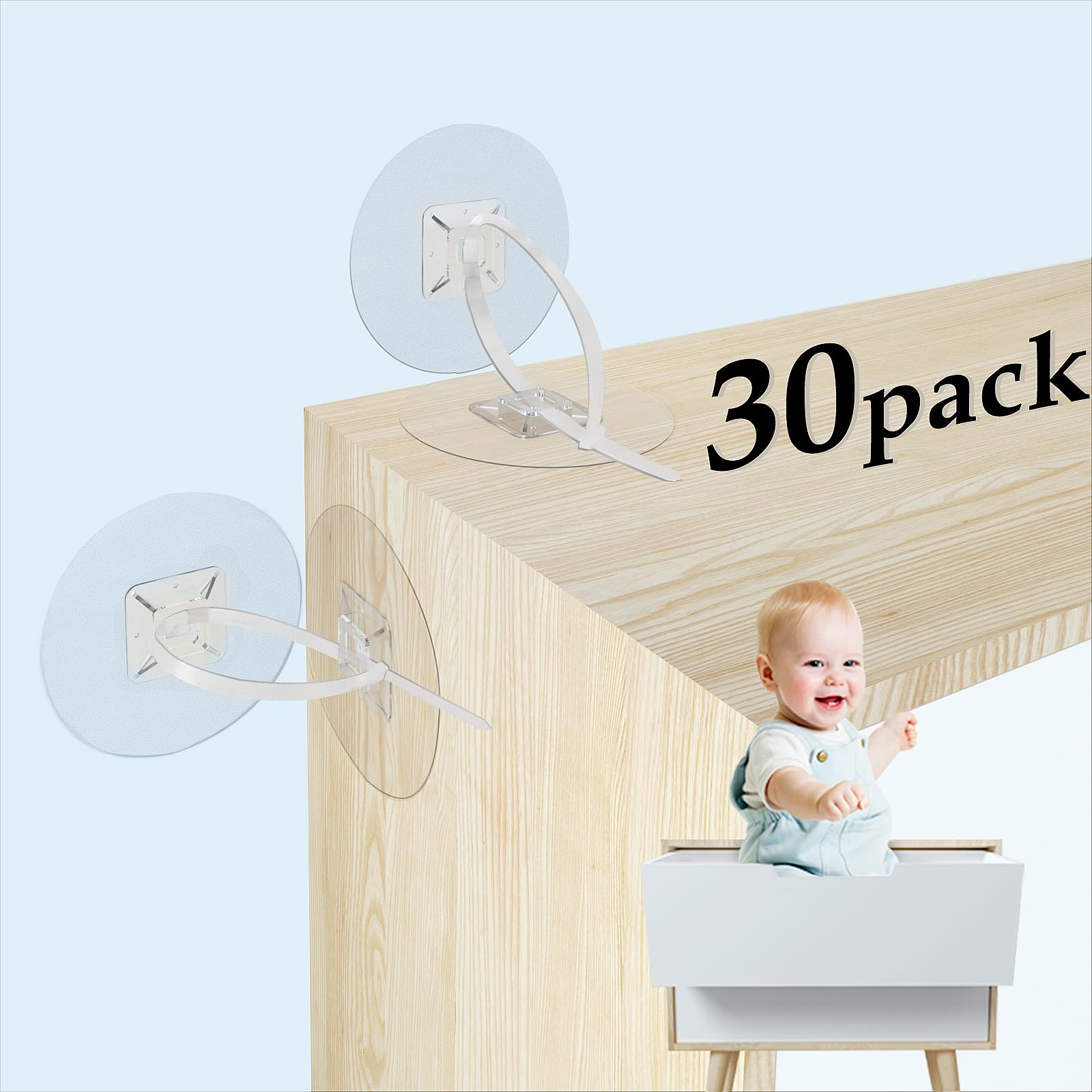 Utook furniture anchors 30-pack showing no drill installation for baby safety