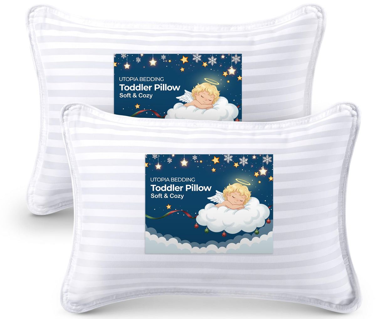 Utopia Bedding Toddler Pillow pack front view shows two soft pillows for cozy toddler sleep.