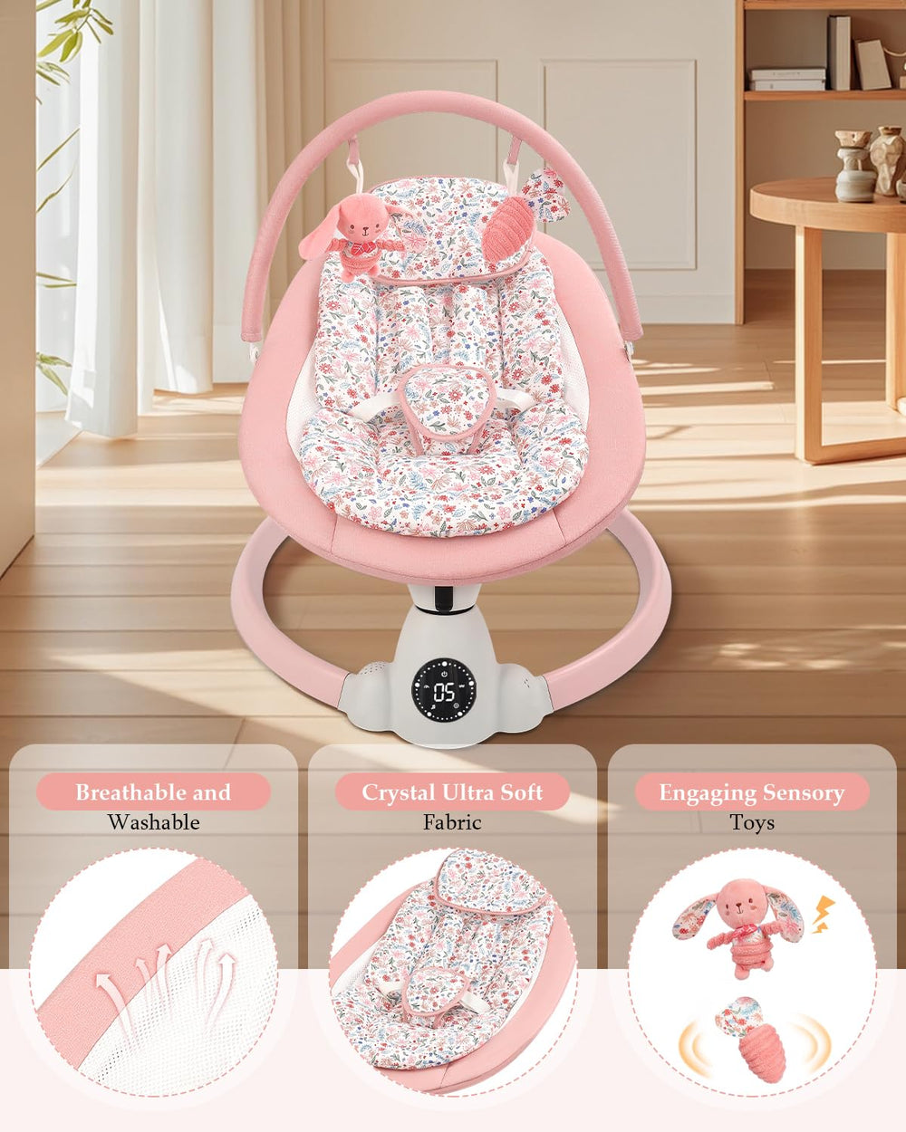 Uuoeebb baby swing with Bluetooth music streaming to customize soothing playlists.
