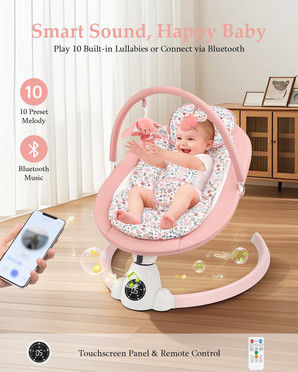 Uuoeebb baby swing fabric close-up shows breathable crystal fleece for sensitive skin.