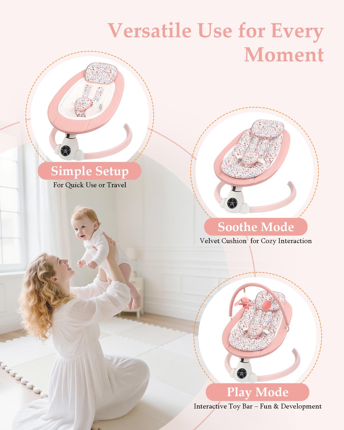 Uuoeebb baby swing durable aluminum frame for sturdy daily use at home or on the go.