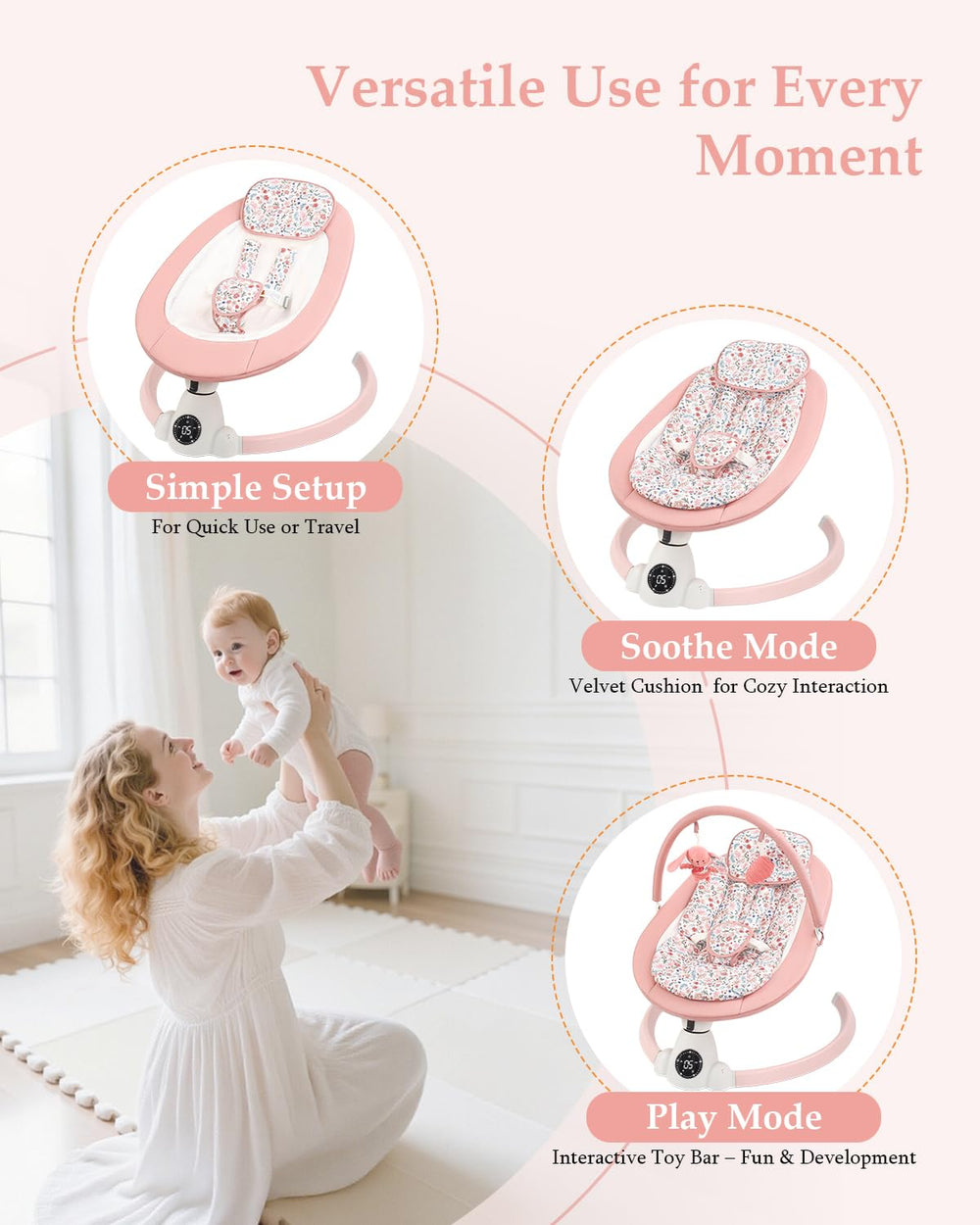 Uuoeebb baby swing durable aluminum frame for sturdy daily use at home or on the go.