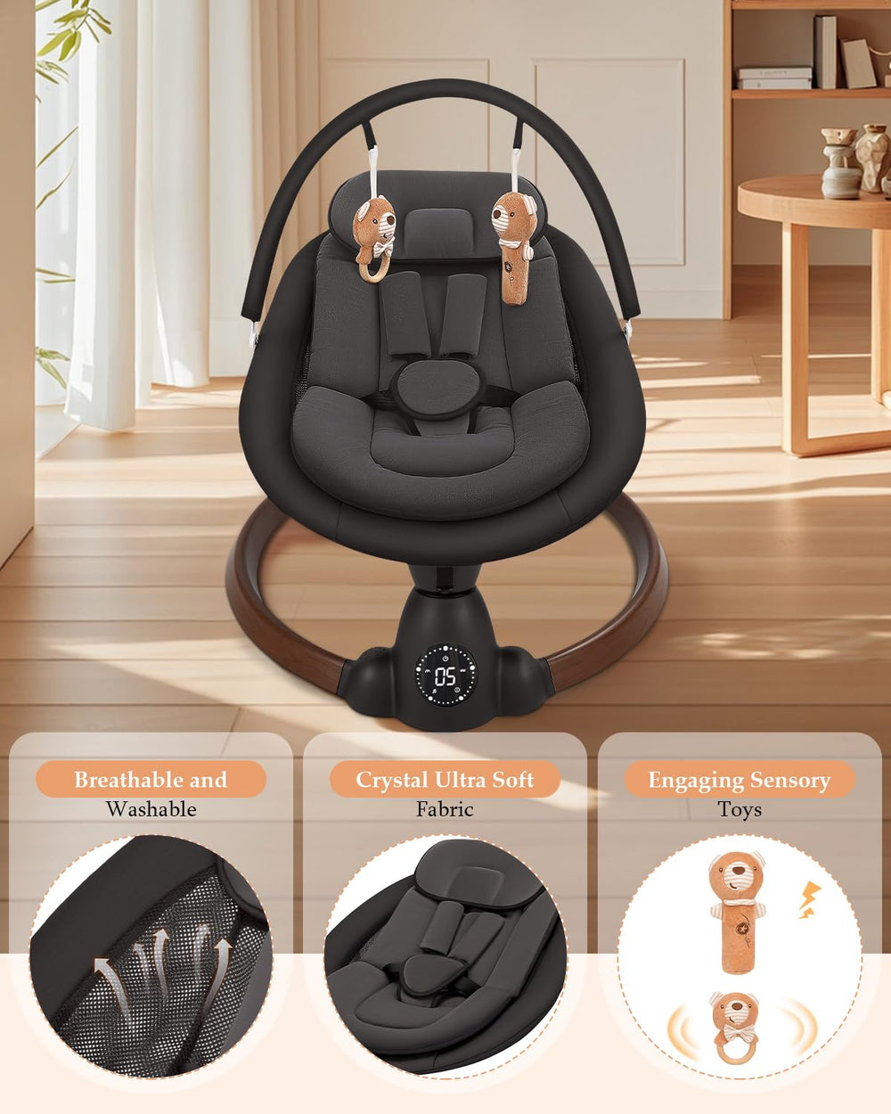 Uuoeebb baby swing seat detail shows soft fabric for gentle contact