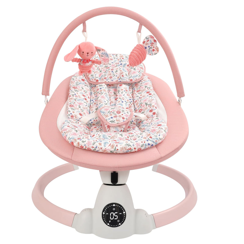 Uuoeebb baby swing seat and harness showing secure five-point design for infant comfort.