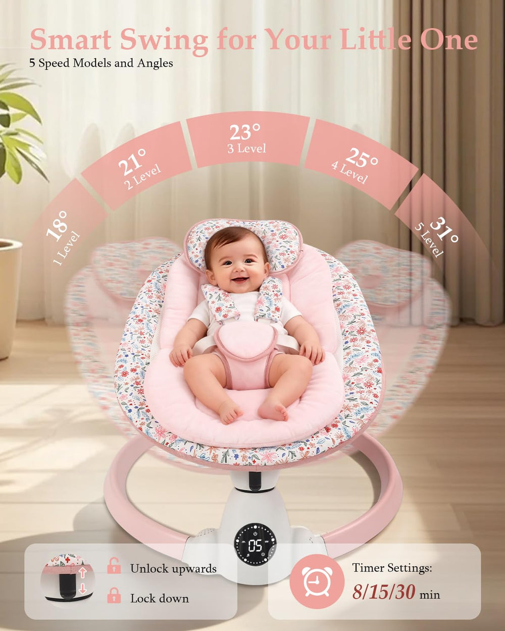 Uuoeebb baby swing side view shows compact footprint for small nurseries
