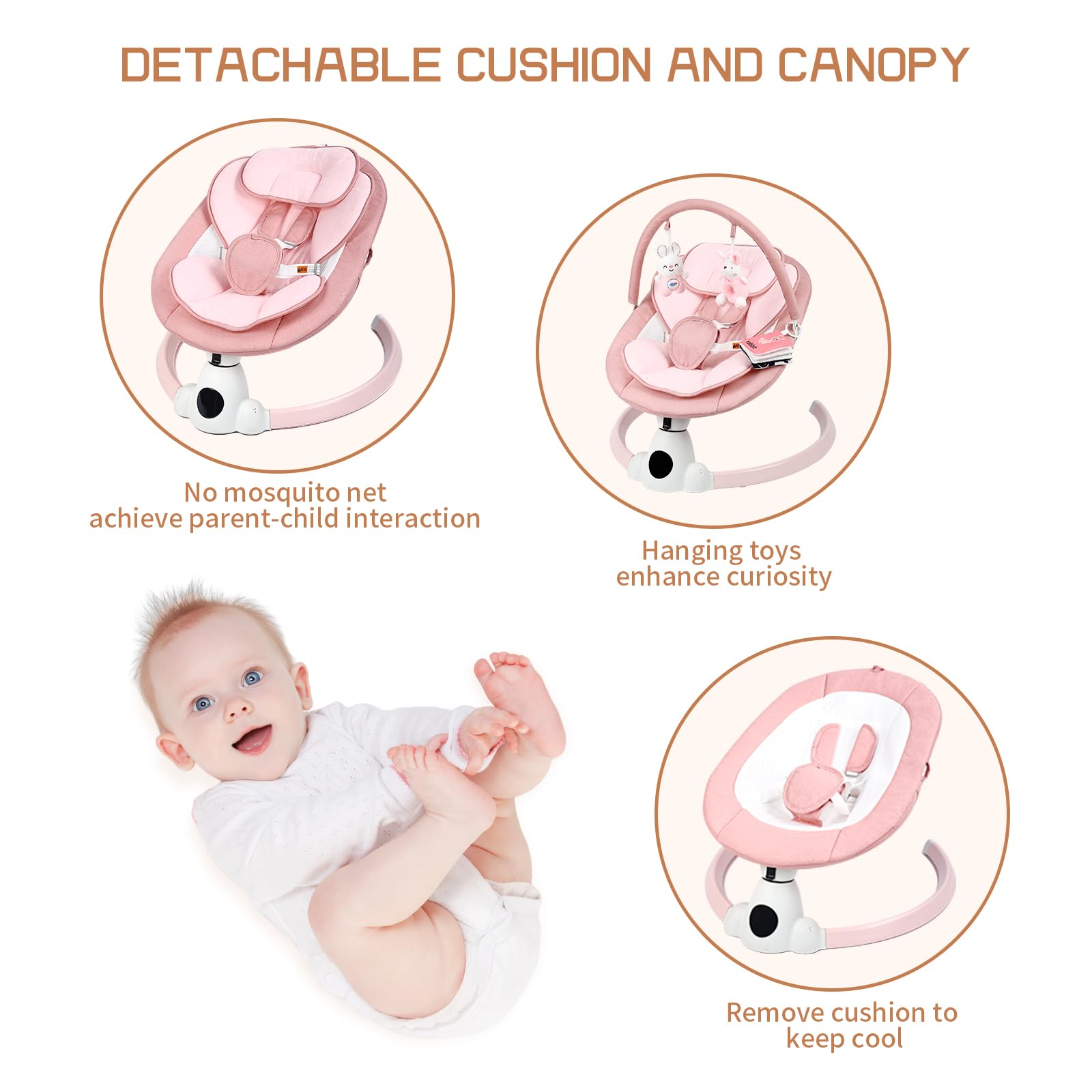 Uuoeebb baby swing with rabbit and bear toys for sensory play.