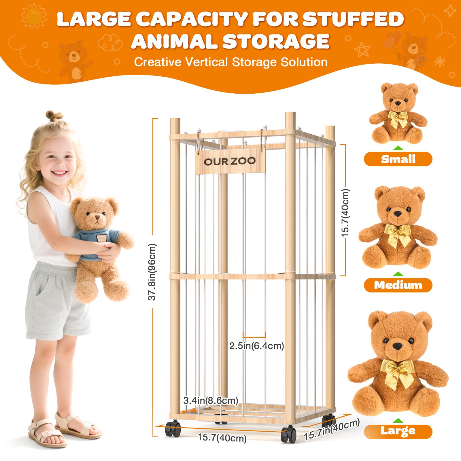 Uvellgift stuffed animal holder with brake wheels enables smooth, safe mobility.